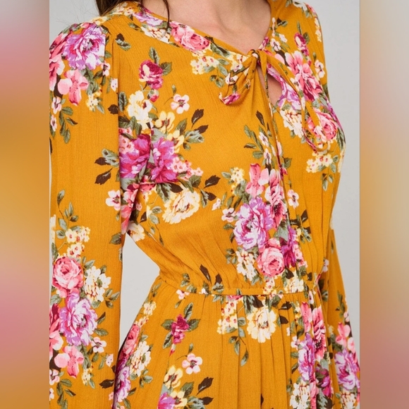 KORI America Boutique Floral Golden Yellow Dress Boho Romantic Tie-Neck – Size L - Picture 3 of 17